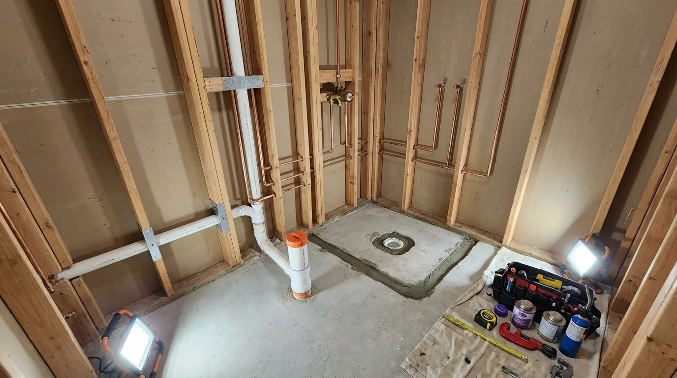 Bathroom rough-in plumbing during remodel by Johns Plumbing LLC in Fort Kent