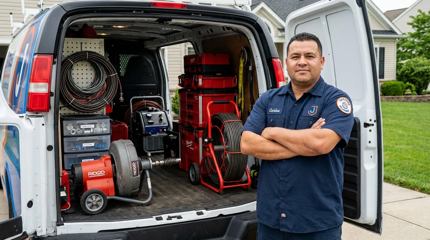 Professional drain cleaning equipment and Johns Plumbing LLC plumber in Fort Kent