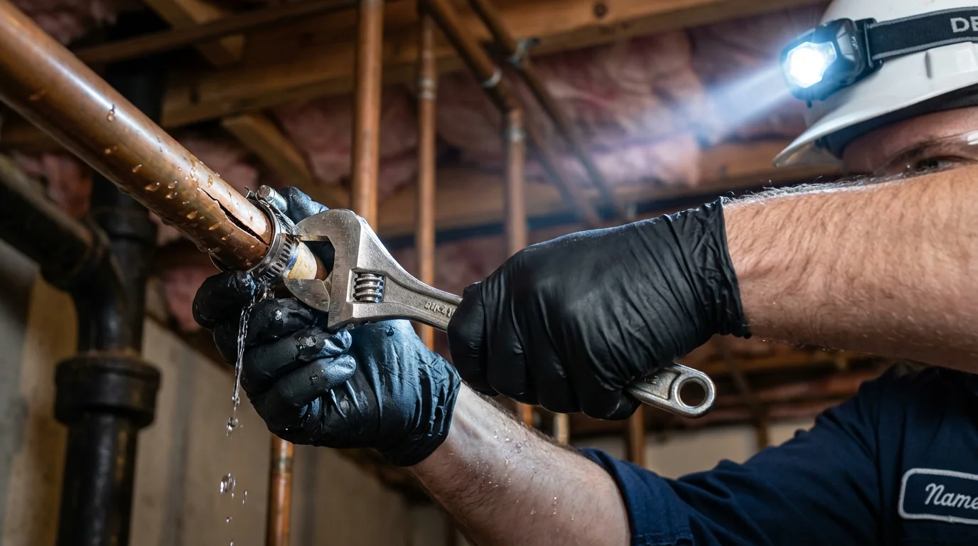 Emergency pipe clamp repair being performed by a Johns Plumbing LLC plumber in Fort Kent