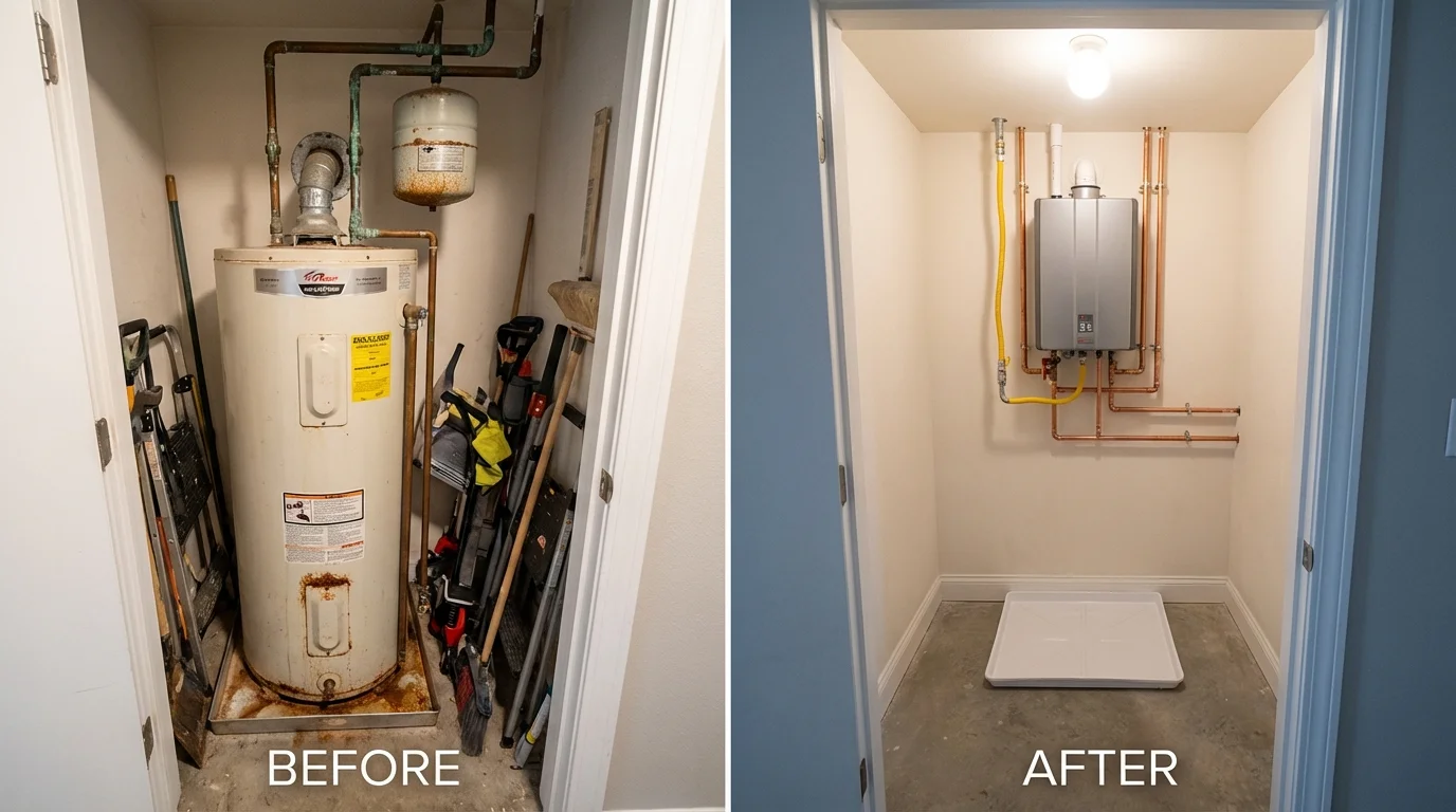 Tank water heater versus wall-mounted tankless unit comparison for Fort Kent, ME homeowners