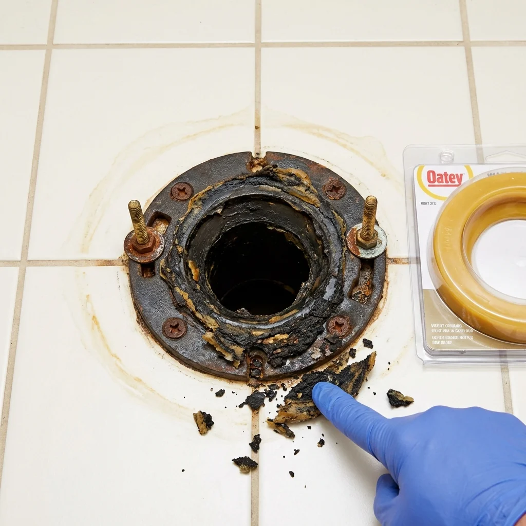 Failed wax ring showing water seepage at the base of a toilet in a Fort Kent, ME home