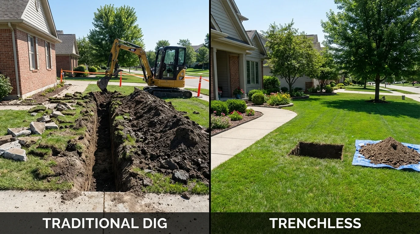 Trenchless sewer repair with minimal yard damage versus traditional excavation in Fort Kent, ME