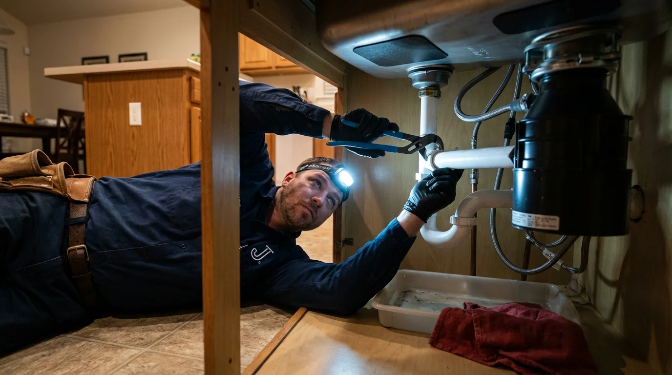 P-trap and supply line connections under a kitchen sink showing a common leak point in Fort Kent, ME